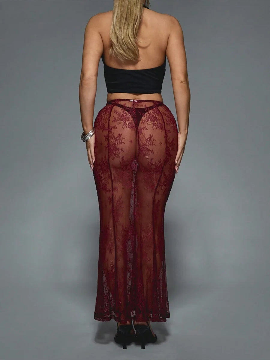 Women's Summer Sheer Lace Skirt Trendy Long Cocktail Skirt for Bar, Beach, Party