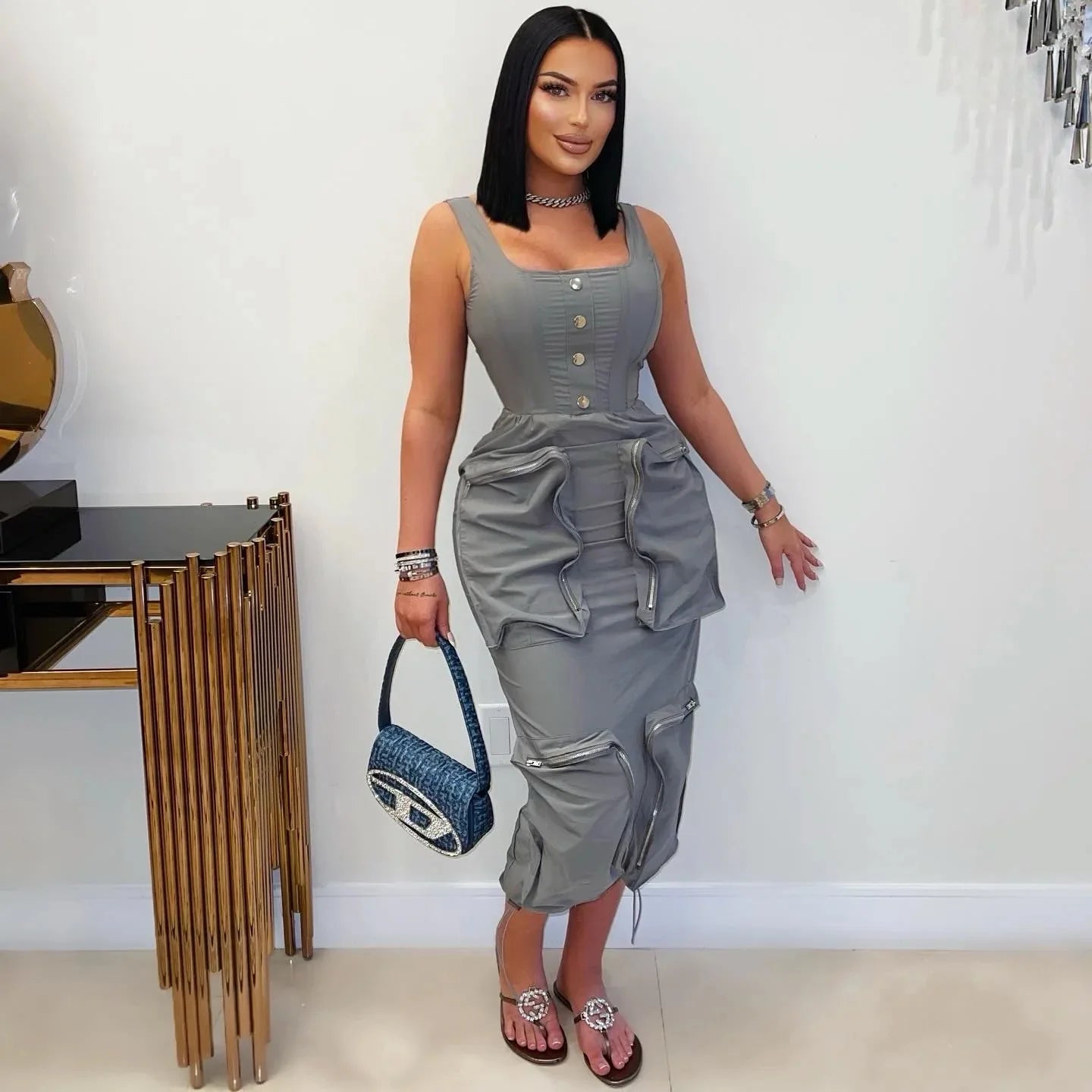 FAGADOER Elegant Cargo Pockets Patchwork Bodycon Long Dress for Woman Spaghetti Strap Backless Zip Dresses Casual Vestidos New