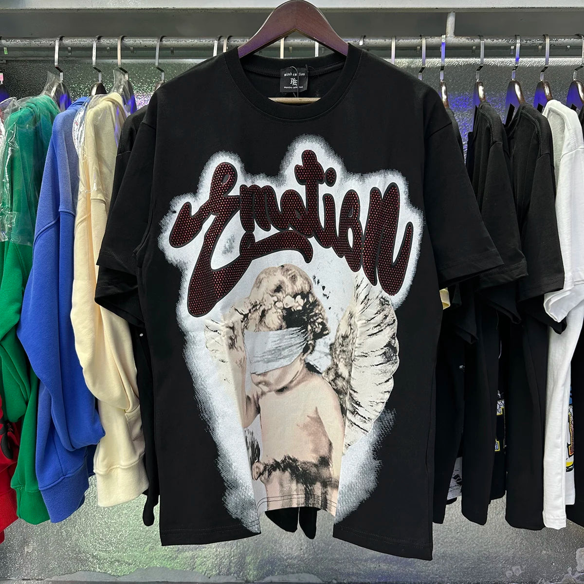New Summer Letter Rhinestone Short Sleeve Black Mens Tshirts Streetwear Cotton Loose Round Neck Top Tees Oversized Unisex Tshirt