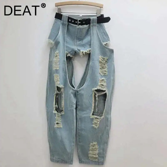 DEAT Fashion Women's Worn-out Hole Belt Denim Pants Splicing Low Waisted Shorts Two-piece Set Female 2024 Autumn New 11A01141