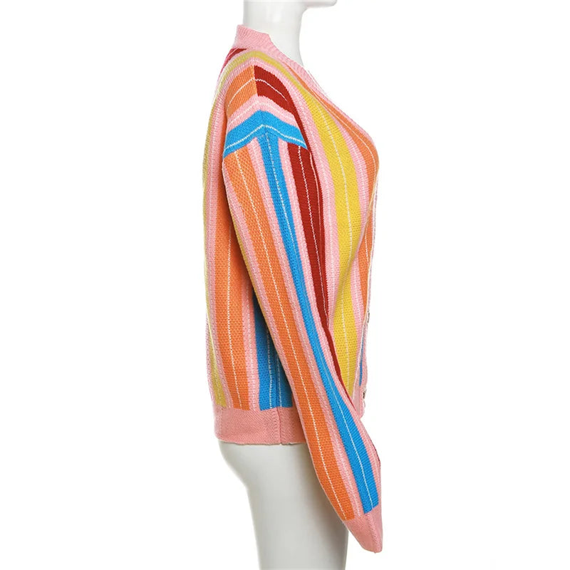 Whatiwear Colorful Striped Sweater Woman Y2K Trend Single-Breasted Long Sleeve Street Hipster Wild Loose Classic Cardigan Coats