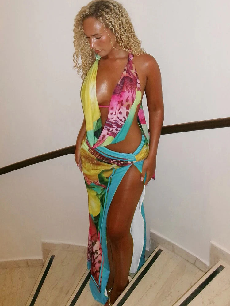 Weird Puss Colorful Leopard Women 2 Piece Set Y2K Beach Vacation Halter Tank Tops+Wrapped Maxi Skirts Matching Vacation Clubwear