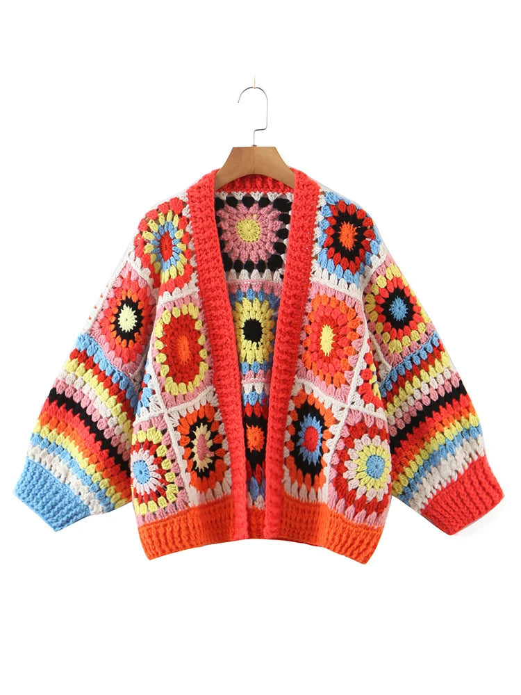 BOHO Geometric Plaid Hand Made Crochet Cardigan Woman V neck Long sleeve Sweater Open Stitching Knitwear Jumper Holiday