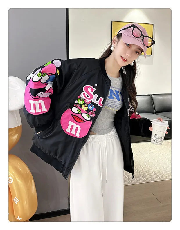 Cross-border Cartoon Embroidery Baseball Jacket For Men Women Casual Loose Fit Hip Hop Top Spring Autumn Letter Couple Jacket
