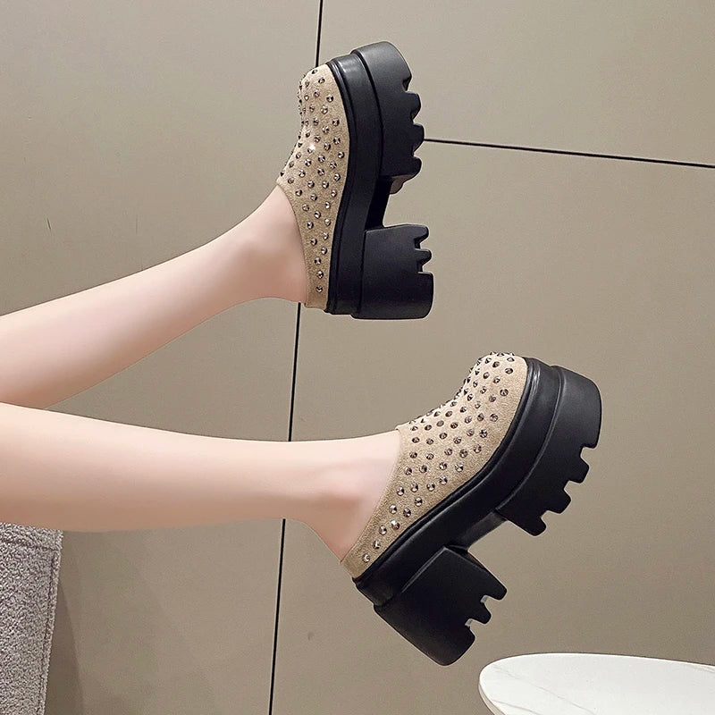 10CM New Rivet Platform Women Slippers Fashion Chunky High Heeled Sandals Comfort Roma Style Round Toe Slide Mule Shoes Summer