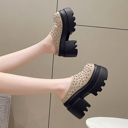 10CM New Rivet Platform Women Slippers Fashion Chunky High Heeled Sandals Comfort Roma Style Round Toe Slide Mule Shoes Summer