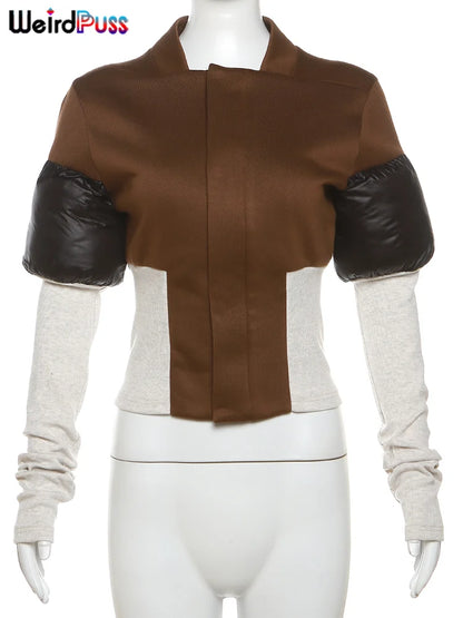 Weird Puss Contrast Patchwork Jacket Women Chic Zip Hipster Winter Trend full Sleeve Coat Wild Streetwear Casual Jersey Outwear