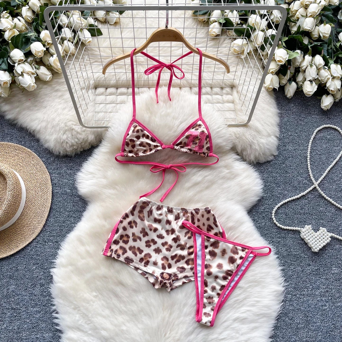 SINGREINY Leopard Bikini Hotsweet Three Piece Set Halter Bra+Slim Shorts+Mini Briefs 2024 Women Lace-Up Backless Sexy Suits