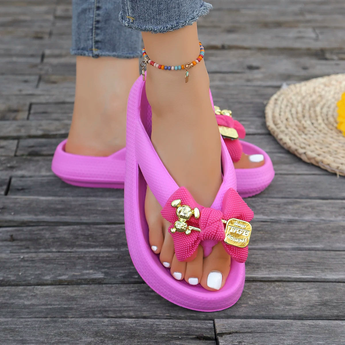 Summer Women Multi-Color Flip Flops Fashion Metallic Teddy Bear Bow Slide Sandal Beach Vacation Home shower Versatile Footwear