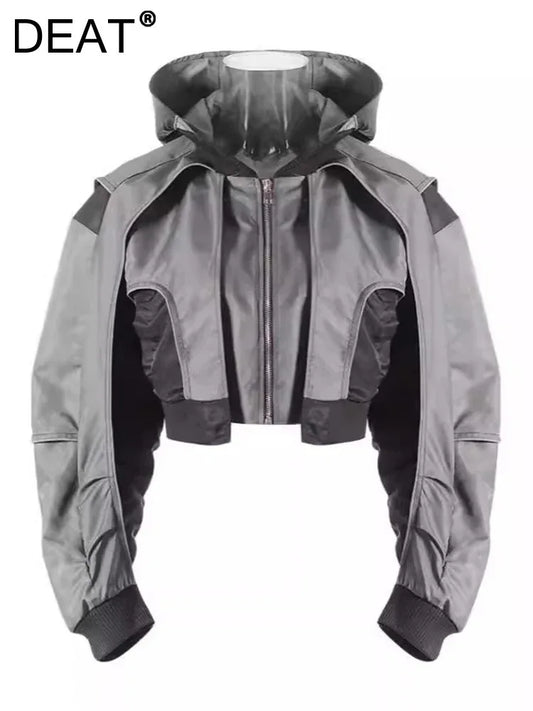 DEAT Fashion Women's Jackets Hooded Zipper Short Contrast Color Drawstring Deconstruction Coat Autumn 2025 New Tide 7AB4742