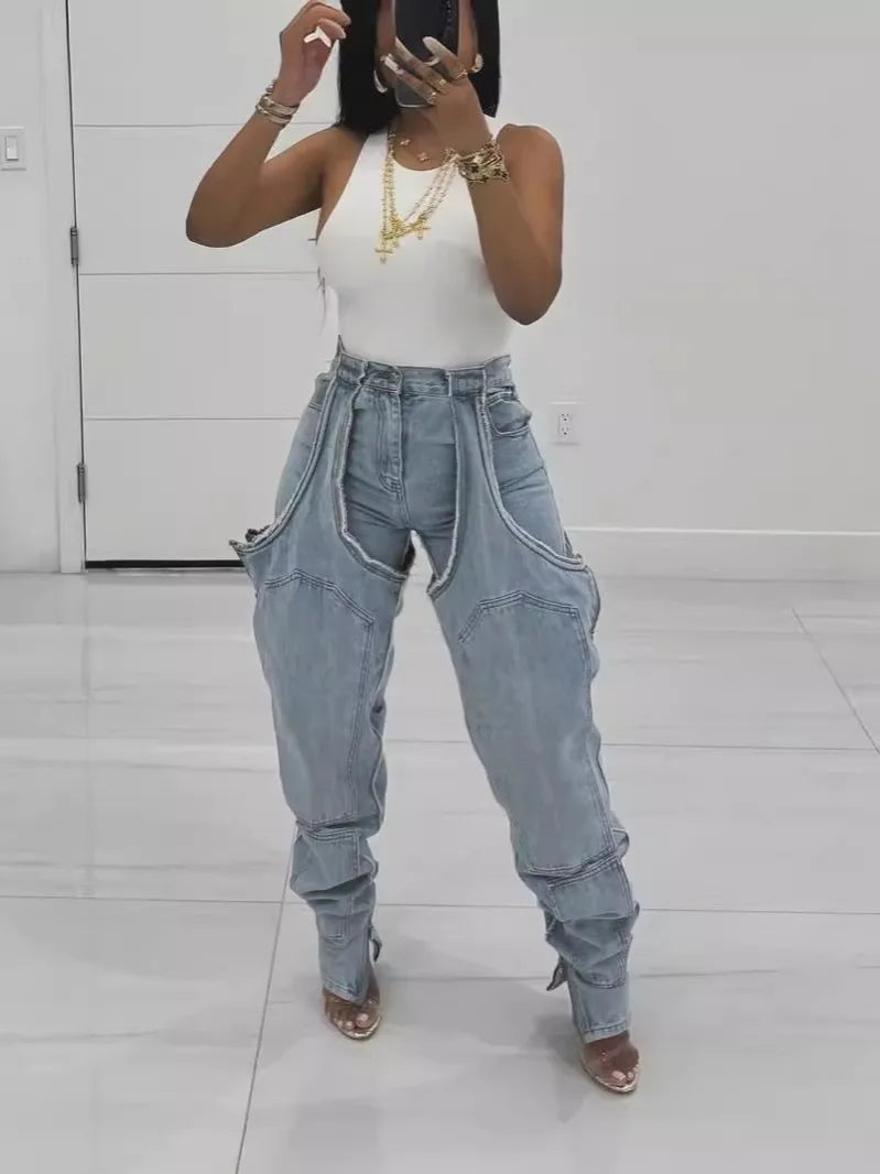 FAGADOER Hollow Out Sexy Denim Pants Women Irregular High Waist Cargo Patchwork Elasticity Jeans Hot Girl Y2k Streetwear Bottoms