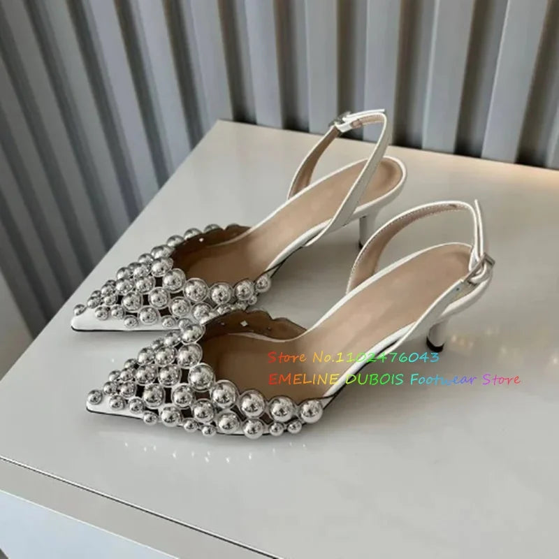White Hollow Beads Pointed Toe Stiletto Heel Pumps Women Summer New Sexy Slingback Buckle Strap Solid Color High Heel Sandals