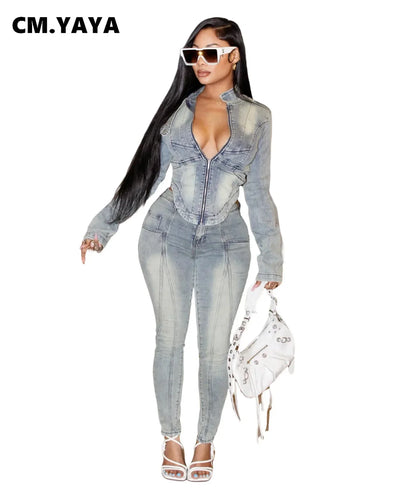 CM.YAYA Fashion Denim Women's Set Full Sleeve V-neck Jacket +Jeans Pants 2024 Fall Streetwear Two 2 Piece Sets Outfit Tracksuit