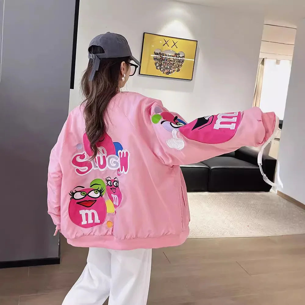 Cross-border Cartoon Embroidery Baseball Jacket For Men Women Casual Loose Fit Hip Hop Top Spring Autumn Letter Couple Jacket
