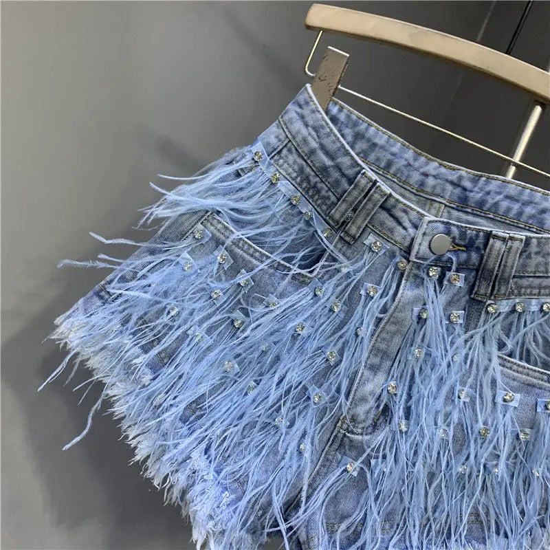 2025 Summer New Personalized Tassel Inlaid Diamond Wash Light Blue Denim Shorts Women's Streetwear Fashion Short Hot Pants