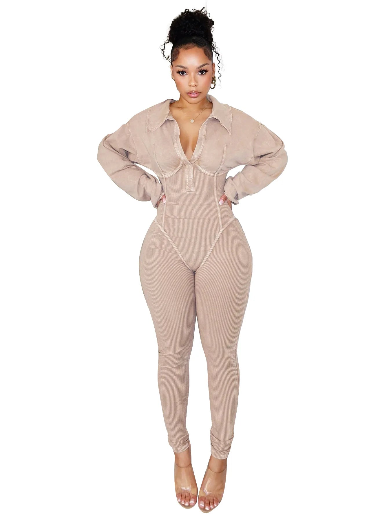 Women's Clothing 2025 Spring Summer New Fashion Bubble Sleeves Sexy Deep V Tight Waist Casual Long Sleeved Jumpsuit Pants