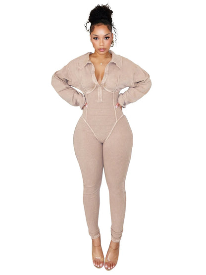 Women's Clothing 2025 Spring Summer New Fashion Bubble Sleeves Sexy Deep V Tight Waist Casual Long Sleeved Jumpsuit Pants