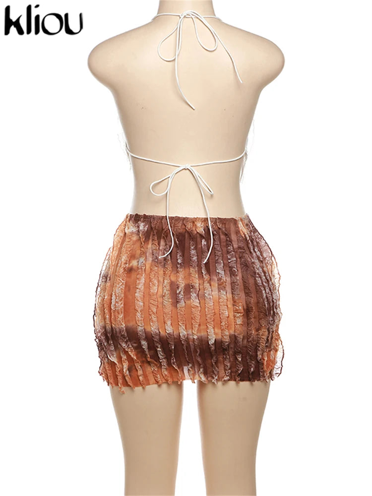 kliou Summer Women Mini Sexy Mesh Two Piece Set K23S37851 Girl Print Ruched Halter Camisole+Hip Skirt Outfit Dance Club Attire