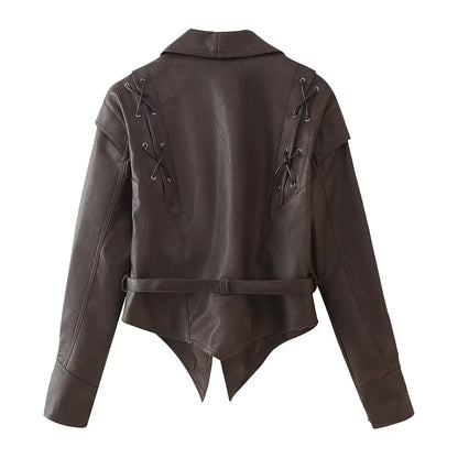 TRAFZA Spring Women Retro Brown PU Jackets Lace-up Single Button Coats Slim Sashes Jacket Fashion 2025 Female Casual Outwears
