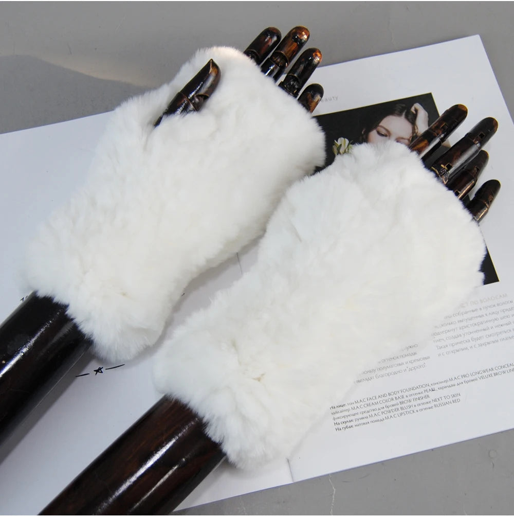 New Arrival Women Knit Fur Mitten Girls 100% Real Genuine Knitted Rex Rabbit Fur Mittens Winter Warm Real Fur Fingerless Gloves