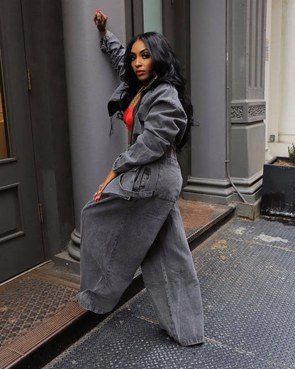 Denim Two Piece Sets Women Pant Set Y2k Streetwear Coats Jeans Elegant Matching Sets Coat Top Long Pants Jackets Streetwear