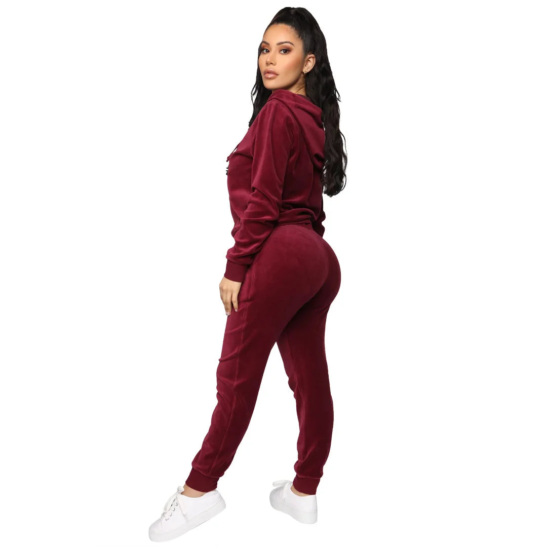 Women Pant Sets Comfortable Velvet Matching Sets Two Piece Set Autumn Loose Zipper Hoodie Jacket Elastic Waist Skinny Pants Sets