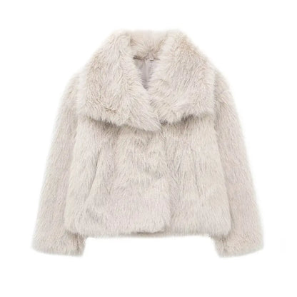 TRAFZA Female Vintage Artificial Fur Effect Coats Lapel Warm Plush Long Sleeves Hidden Buttons Autumn Winter Casual Outerwear