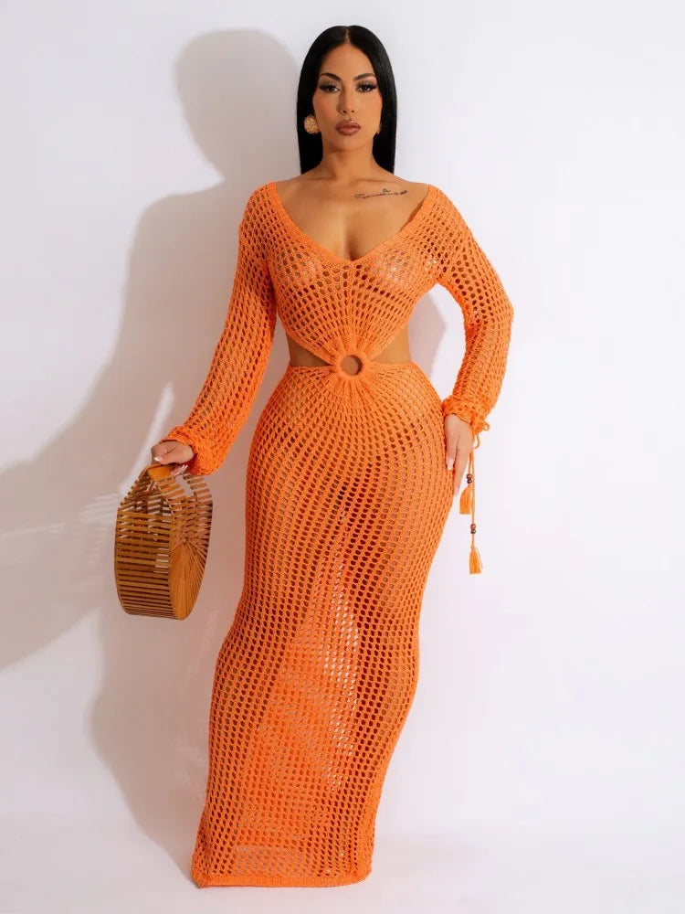 JRRY Sexy Women Crocheted Dresses Tassels Crochet Dress Cover Ups Hollow Out Knitted Beach Swimsuits