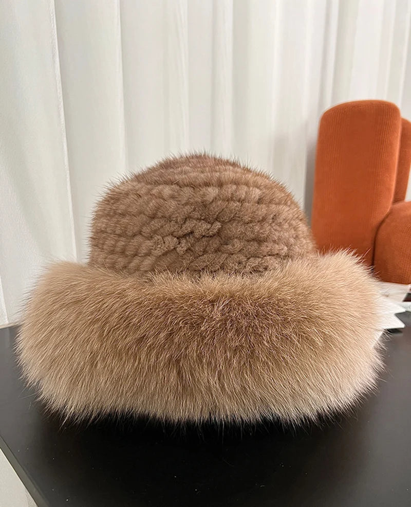 New Genuine Real Natural Knitted Mink Fur Hat Cap Luxury Women Handmade Knit Fashion Winter Headwear Warm Real Fox Fur Beanies
