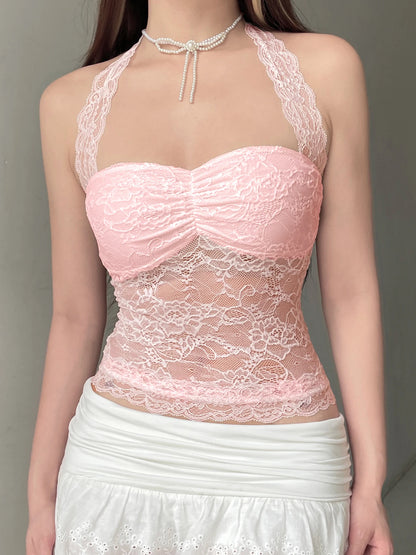 Cuteandpsycho Sexy Lace Patchwork Y2K Camisoles Backless Transparent Slim Outfits Party 90s Vintage Clubwear Halter Neck Tops