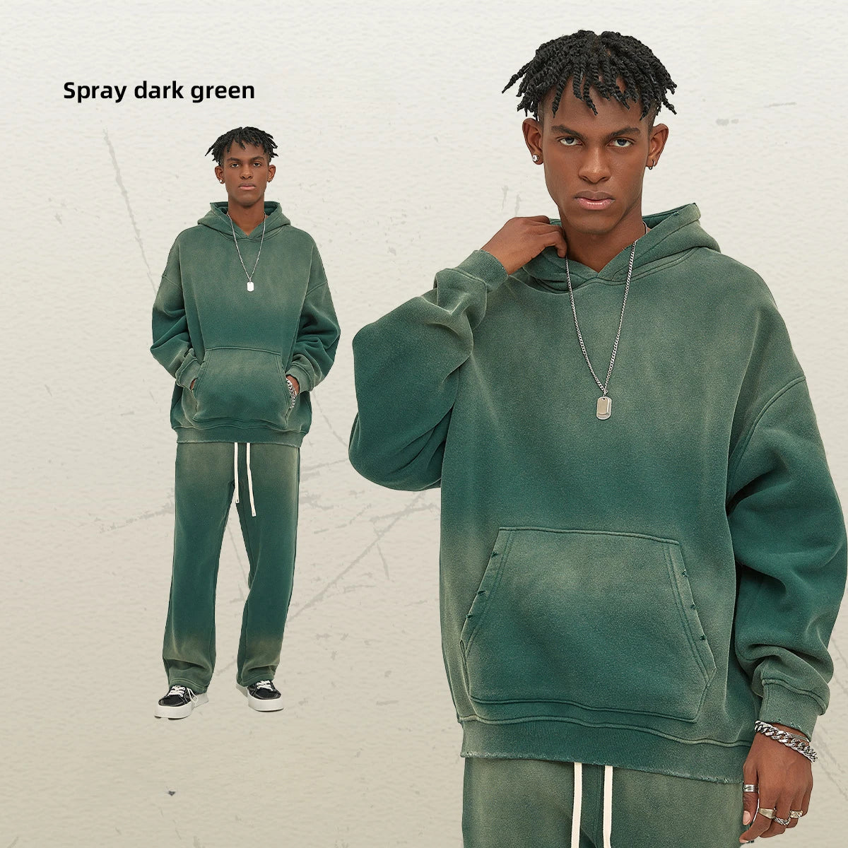 Custom LOGO 2025 autumn winter new 360G heavy sweater men's women's spray-dyeing old thickened hooded trendy sweater trousers clothes set