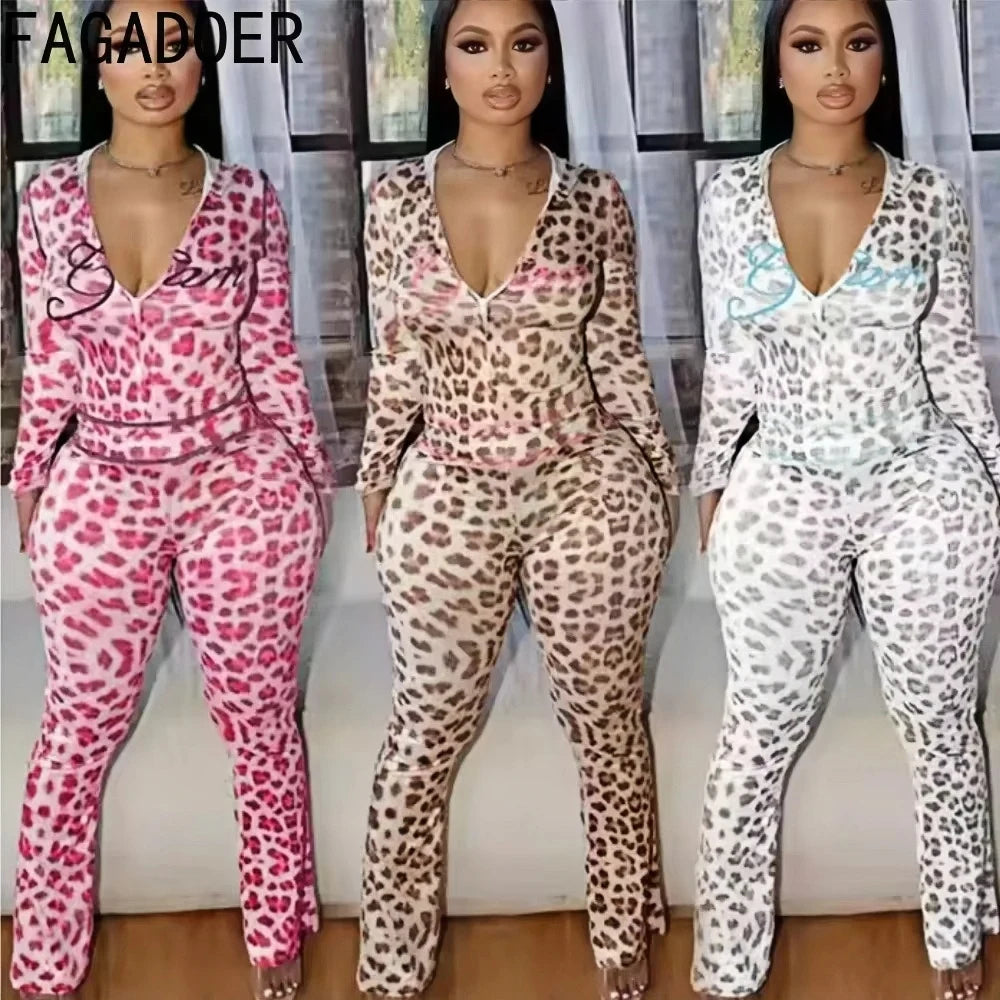 FAGADOER Sexy Leopard Print 2 Piece Sets Women Outfit Long Sleeve Zipper Hooded Crop Jacket + Flare Pants Suits Female Clothing