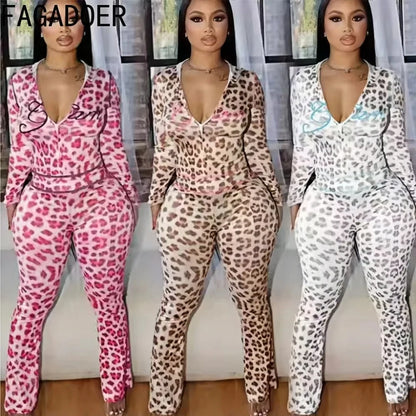 FAGADOER Sexy Leopard Print 2 Piece Sets Women Outfit Long Sleeve Zipper Hooded Crop Jacket + Flare Pants Suits Female Clothing