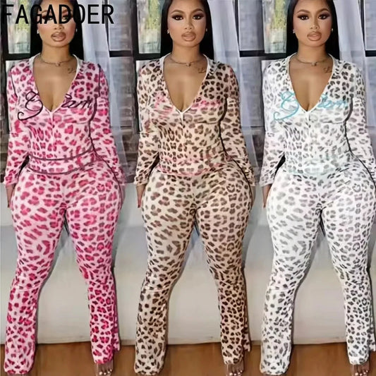 FAGADOER Sexy Leopard Print 2 Piece Sets Women Outfit Long Sleeve Zipper Hooded Crop Jacket + Flare Pants Suits Female Clothing