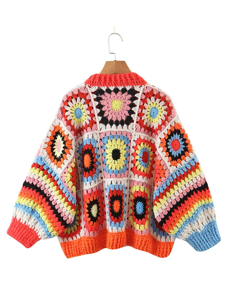 BOHO Geometric Plaid Hand Made Crochet Cardigan Woman V neck Long sleeve Sweater Open Stitching Knitwear Jumper Holiday