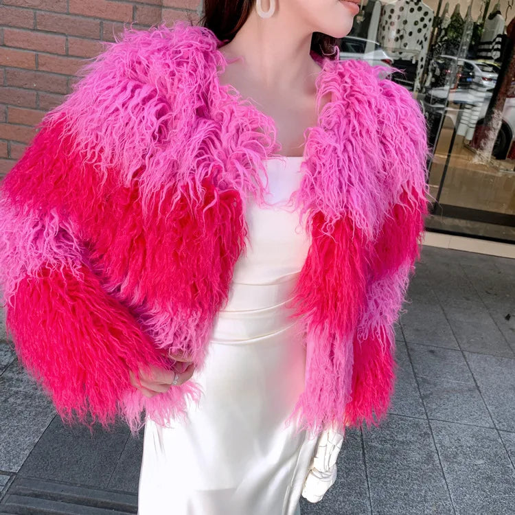 Faux Fur Coats Women Lamb Wool Short Coat Y2k Streetwear Thick Warm Y2k Streetwear Elegant Pink Jackets Open Stitch Jacket