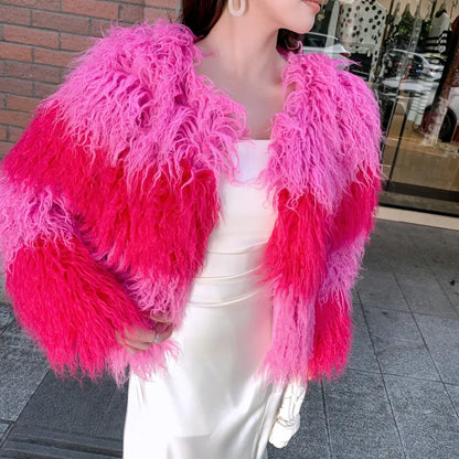 Faux Fur Coats Women Lamb Wool Short Coat Y2k Streetwear Thick Warm Y2k Streetwear Elegant Pink Jackets Open Stitch Jacket