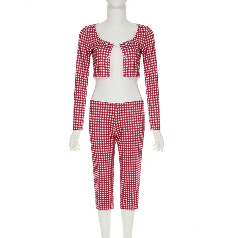2025 New Women Red Plaid Print 2 Piece Set O-neck Full Sleeve Lace Up Cardigan Crop Tops + Knee Length Pencil Pants Casual Suit