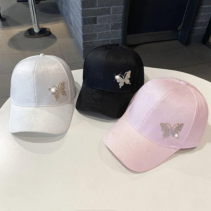 Ladies Summer New Versatile Cap Rhinestone Butterfly Sweat Absorbing Sunscreen Sun Hat Fashion Versatile Baseball Cap Breathable