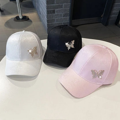 Ladies Summer New Versatile Cap Rhinestone Butterfly Sweat Absorbing Sunscreen Sun Hat Fashion Versatile Baseball Cap Breathable