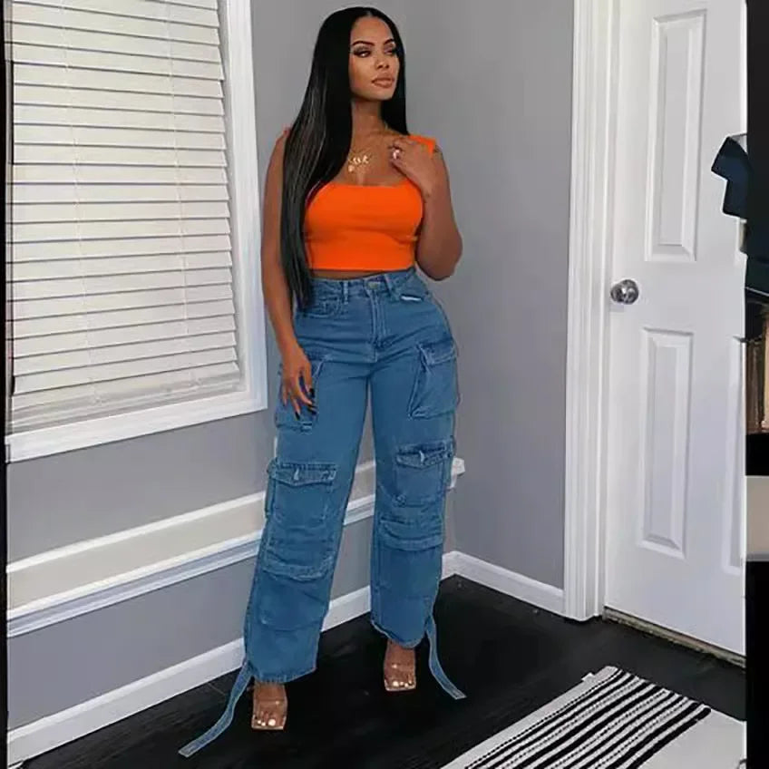 Solid Casual Baggy Cargo Pants for Women Youthful Female Trousers Multi-pocket Fashion Vintage Women's High Waist Wide Pants