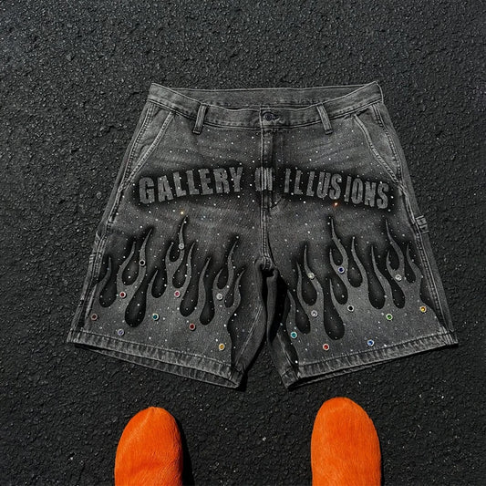 Y2K Vintage Distressed Jeans Flame Pattern Rhinestone Decoration High Waist Denim Shorts Fashion Men Women Hip Hop Streetwear