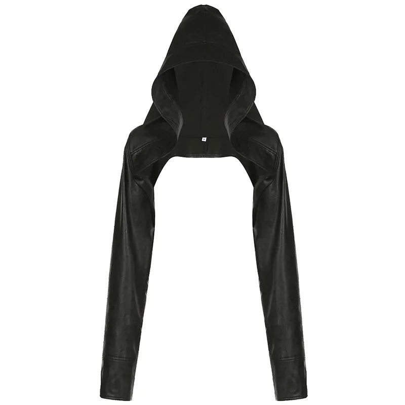 ALLNeon Y2K Rave Faux Pu Leather Hooded Cropped Jackets Tops Baddie Punk Long Sleeve Hoodies Short Coat Women Hot Street Outwear