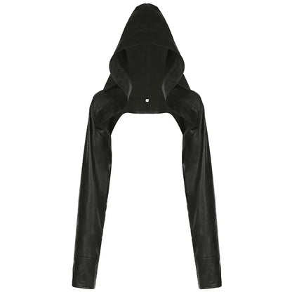 ALLNeon Y2K Rave Faux Pu Leather Hooded Cropped Jackets Tops Baddie Punk Long Sleeve Hoodies Short Coat Women Hot Street Outwear
