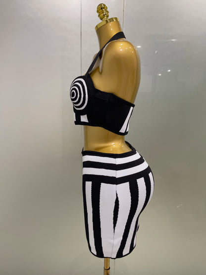 2025 New Women Celebrity Sexy Jacquard Black White Two Piece Bodycon Striped Bandage Skirt Set Designer Evening Party Dress