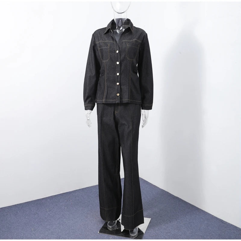 Street Vintage Denim Pants Sets Women Slim Long Sleeve Lapel Single Breasted Jacket Straight Trousers 2025 Spring Lady Outfits