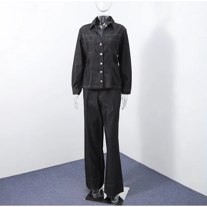 Street Vintage Denim Pants Sets Women Slim Long Sleeve Lapel Single Breasted Jacket Straight Trousers 2025 Spring Lady Outfits