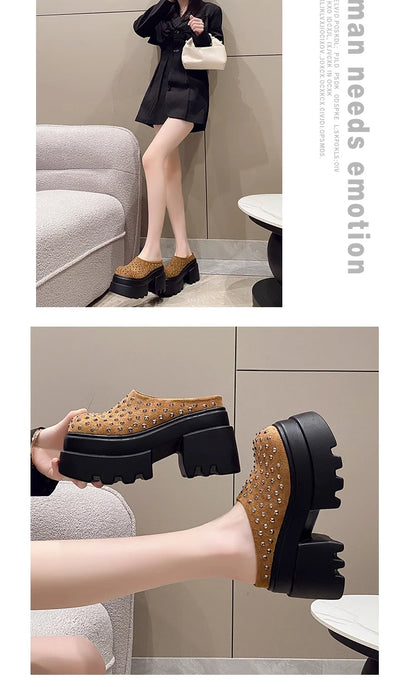 10CM New Rivet Platform Women Slippers Fashion Chunky High Heeled Sandals Comfort Roma Style Round Toe Slide Mule Shoes Summer