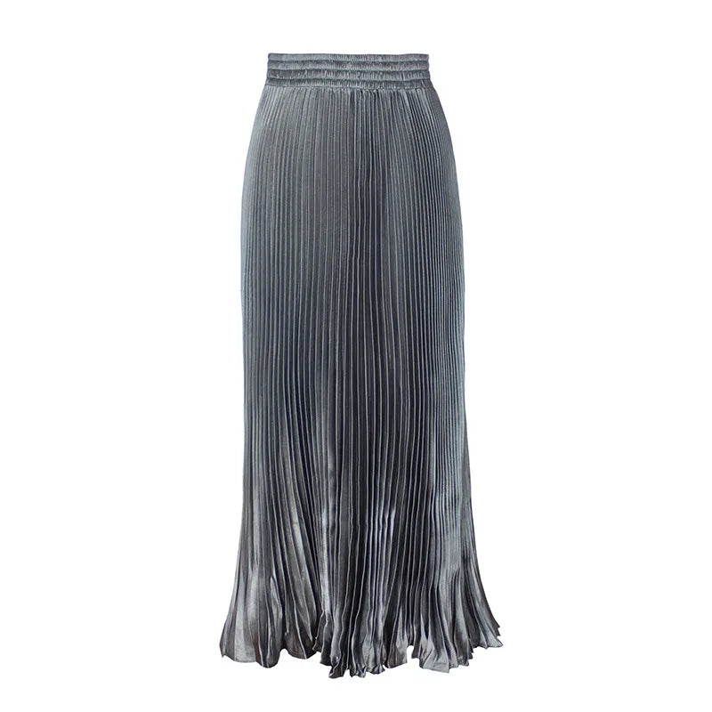 Women's Fashion Pleated Mermaid Long Skirt Korean Style Casual High Waist Satin Flowy Skirts Shiny 19 Colors 2024 Spring SK500