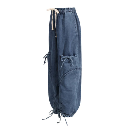 TWOTWINSTYLE Denim Spliced Lace Up Jeans For Women High Waist Patchwork Drawstring Vintage Loose Pant Female Fashion Clothes New